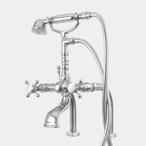 Exposed Deck Mount Telephone Tub Filler and Handshower Set with Straight Legs shown with St. Michel handles