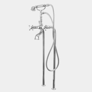Floor Mount Telephone Tub Filler and Handshower Set with Straight Riser shown with St. Michel handles