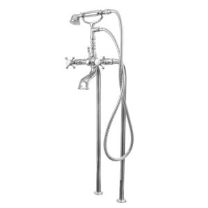 Floor Mount Telephone Tub Filler and Handshower Set with Straight Riser shown with St. Michel handles