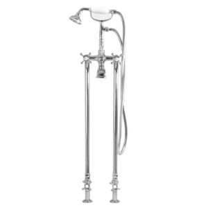 Floor Mount Telephone Tub Filler and Handshower Set with Riser Legs and Shut-Off Kit shown with St. Michel handles
