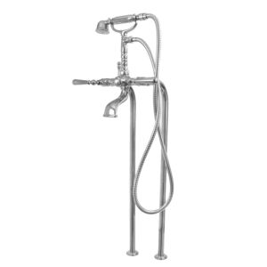 Floor Mount Telephone Tub Filler and Handshower Set with Straight Riser shown with Loire handles