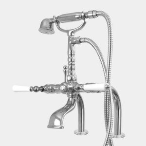 Exposed Deck Mount Telephone Tub Filler and Handshower Set with Straight Legs shown with Orleans handles