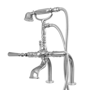 Exposed Deck Mount Telephone Tub Filler and Handshower Set with Straight Legs shown with Monte Carlo handles